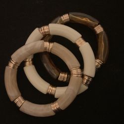 3 Solid Stretch Bracelet With Gold Deco..brown,tan,and Beige 