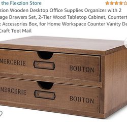 Flexzion Wooden Desktop Office Supplies Organizer with 2 Storage Drawers Set, 2-Tier Wood Tabletop Cabinet, Countertop Desk Accessories Box, for Home 