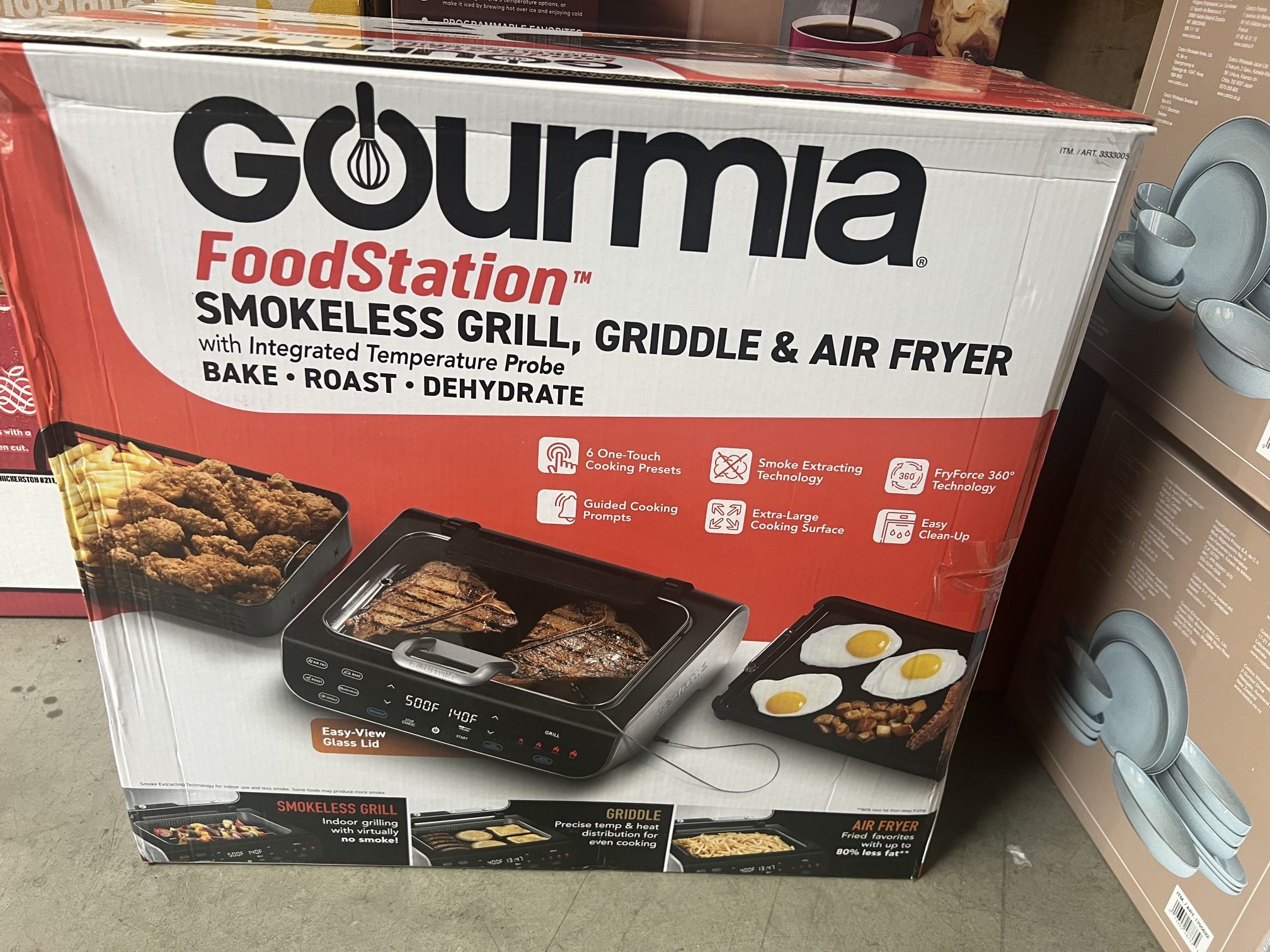 Gourmia FoodStation Smokeless Grill, Griddle, & Air Fryer with Integrated Temperature Probe
