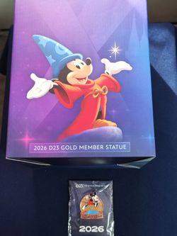 2026 D23 Gold Member Mickey Mouse Scorcerer's Apprentice Statue & 2026 Pin NEW!!