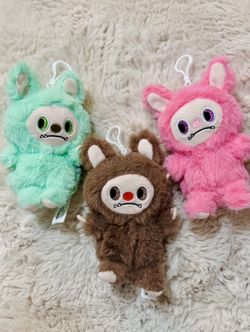 Labubu Doll Plush  clip keychain  Bundle- 3 pcs Pink, Brown, Mint Green