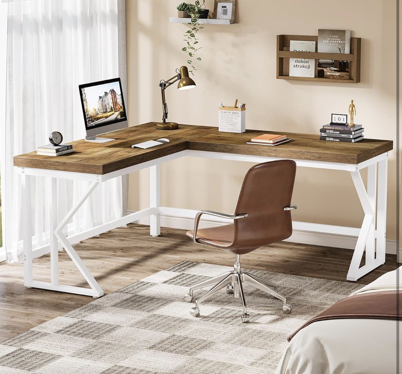 F2226 59-Inch L-Shaped Computer Desk, Industrial Large Corner Office Desk, Writing Study Gaming Table with K-Shaped Metal Legs for Home Office, Living