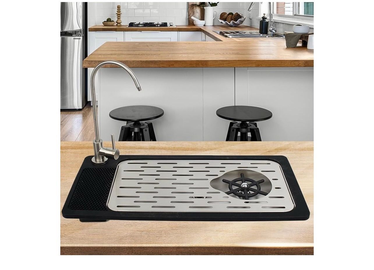 Stainless Steel Kitchen Sink Dishwasher with Faucet Cup Washer & Drainage Area – Ideal Bottle Dishwashing Cleaner & Accessories for Home Bar Faucet Si