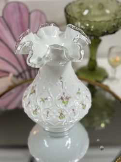 Fenton Milk Glass w/ Crimped Silver Crest Edge Vase Spanish lace