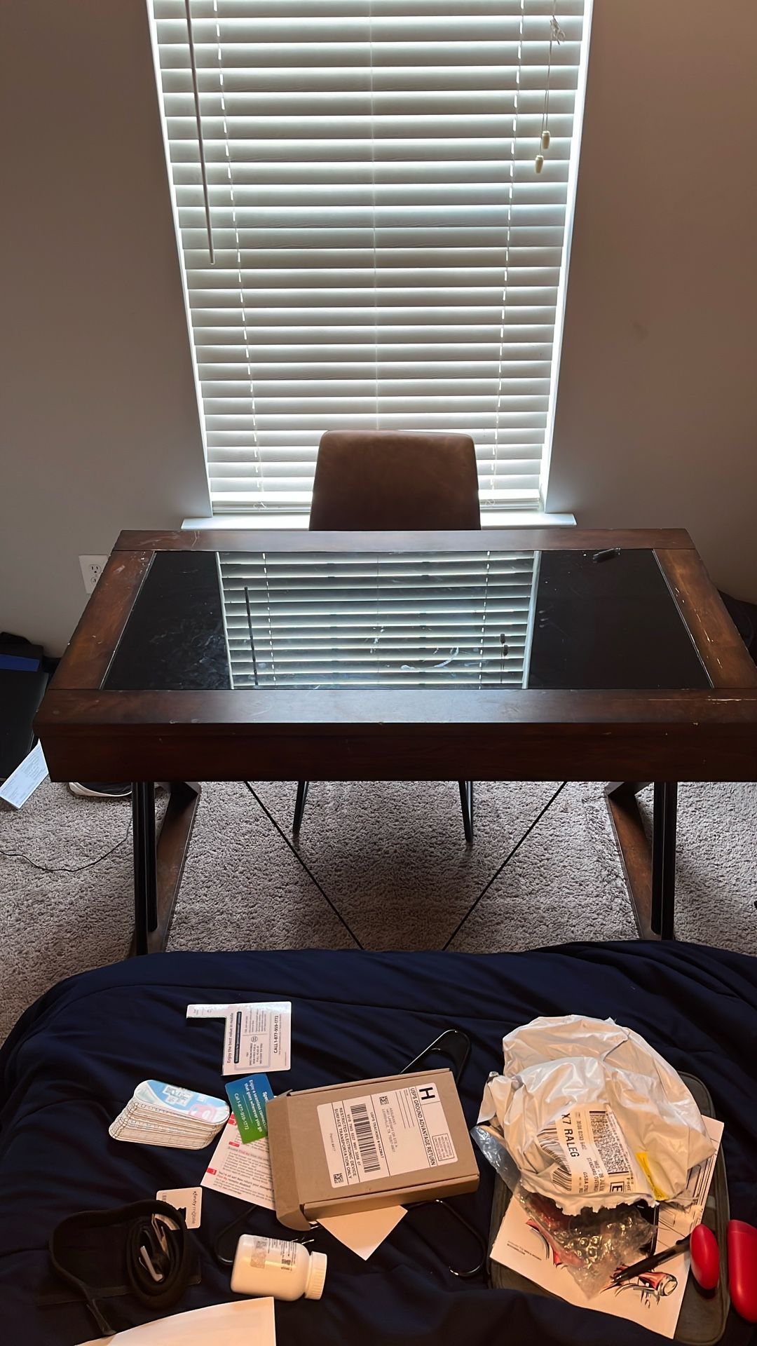 Hardwood Desk With Glass Too And leather Chair Pick Up Only