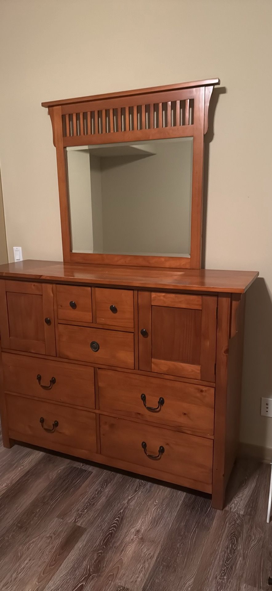 Queen bed, Dresser, Bedside Table, Dresser Mirror , Box Spring
