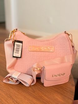 bebe Small Pink Textured Logo Crescent Crossbody Zip Bag