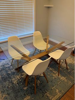 Modern Glass Dining Table with 4 White Chairs