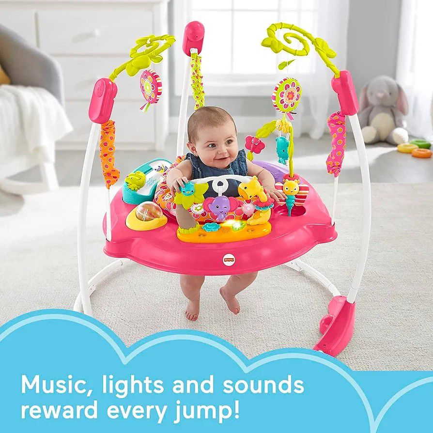 Baby Bouncer Pink Petals Jumperoo Activity Center with Music Lights Sounds and Developmental Toys
