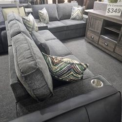 Brand New Gray Chenille Loveseat + Sofa With Pullout Bed And Cup Holdera