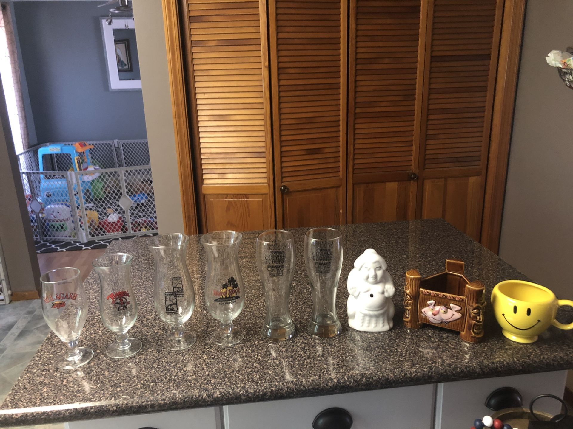 Hurricane and beer glasses. Scorpion bowl...
