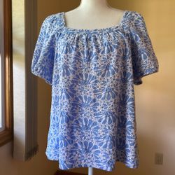 LOFT Blue & White Floral Eyelet Puff Sleeve Top Blouse; 100% Cotton; Size XL