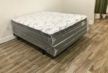 NEW MATTRESS QUEEN SIZE PILLOW TOP WITH BOX SPRING AND METAL RAIL 3 PCs / COLCHON QUEEN SIZE PILLOW TOP CON CAJA Y HIERRO