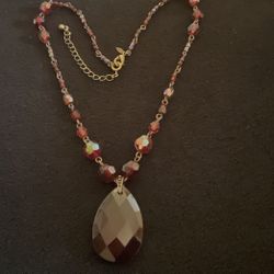 18” Vintage Ruby Beaded Necklace With Teardrop Pendant,by Avon 