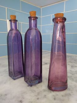 Sey of 3 Decorative Glass Bottles Purple translucent color squate and flat oval designs