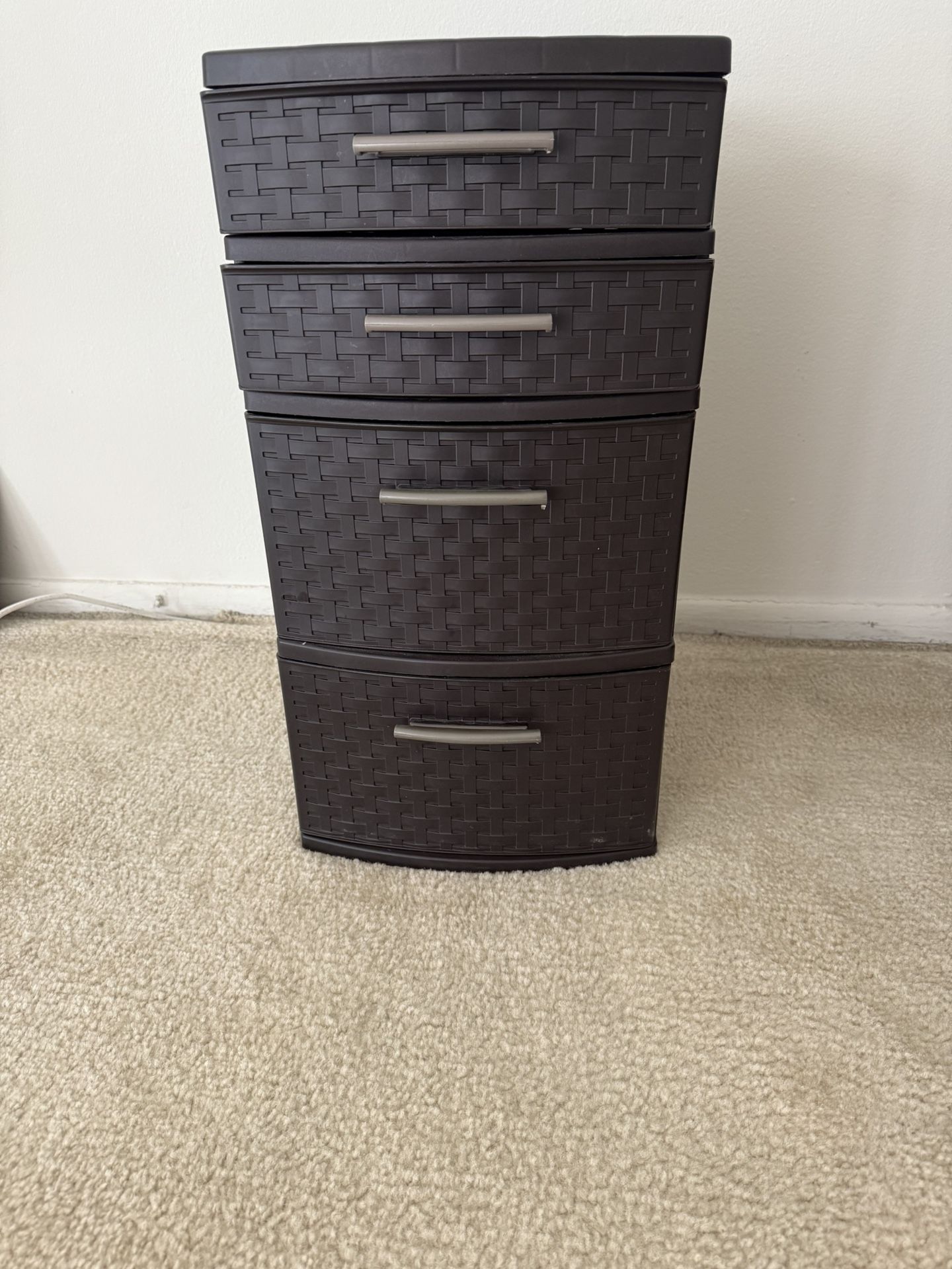 4 Drawer Weave Tower, Plastic Décor Drawers with Pull Handles, Brown