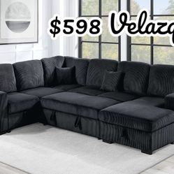 ✅️✅️4 pc Black corduroy fabric sectional sofa with storage chaise and love seat and pop up sleep area in center USB charging✅️