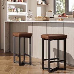 24” Counter Height Bar Stools Set of 2 Brown PU Leather