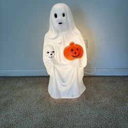 Vintage Ghost Holding Pumpkin & Skull