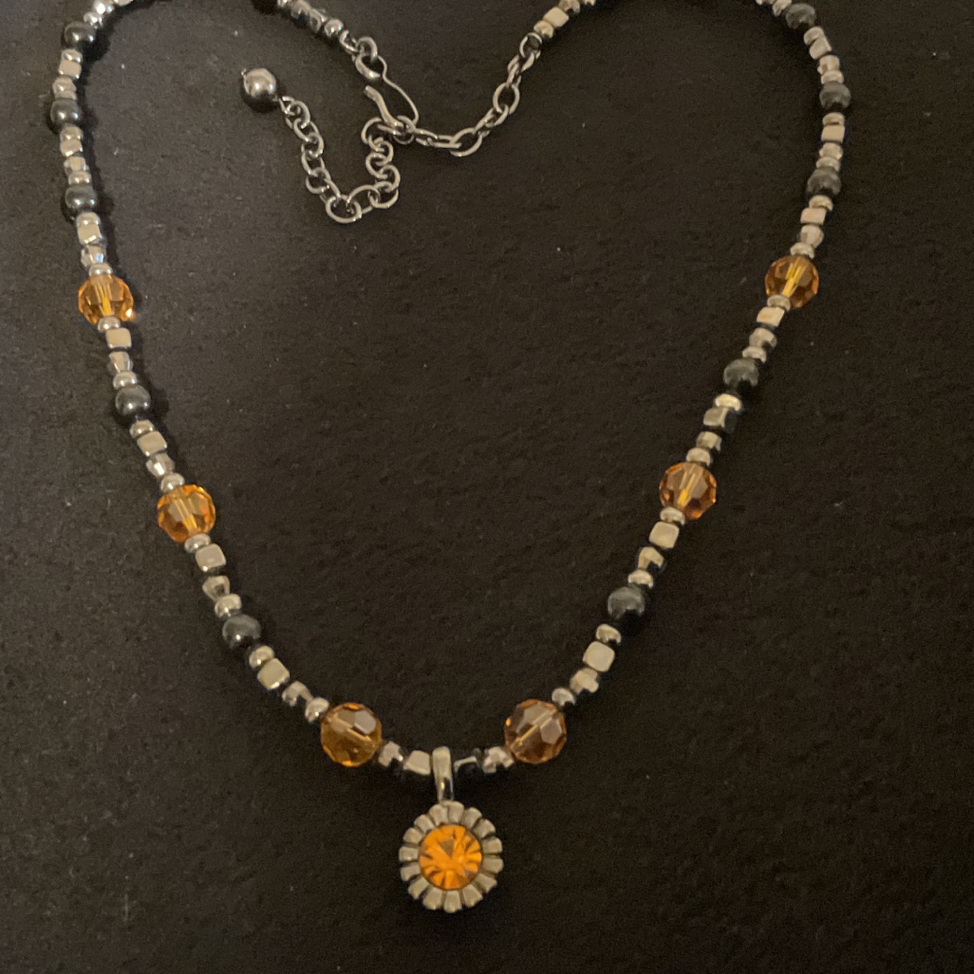 16” Black And Amber Beaded Necklace With Amber Pendant