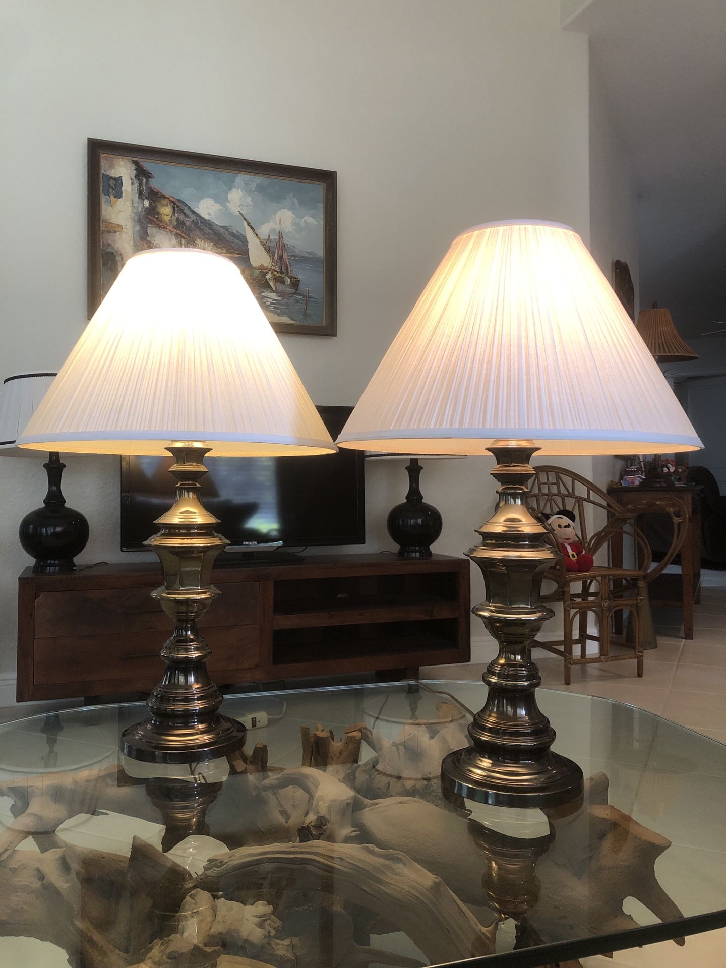 Vintage Mid Century Stiffel Brass Burnish Table Lamps - A Pair