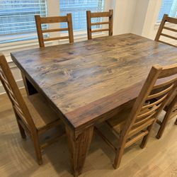 Custom Handcrafted Wood Dining Table, 6 Chairs, Bench