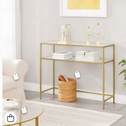 Console Table, Tempered Glass Table, Modern Sofa or Entryway Table, Metal Frame, 2 Shelves, Adjustable Feet, for Living Room, Hallway, Gold Colour
