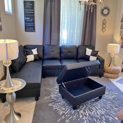 Black Leather Sectional Couch And Ottoman