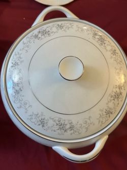 Camelot China Carrousel casserole dish in a white pattern with gray floral designs