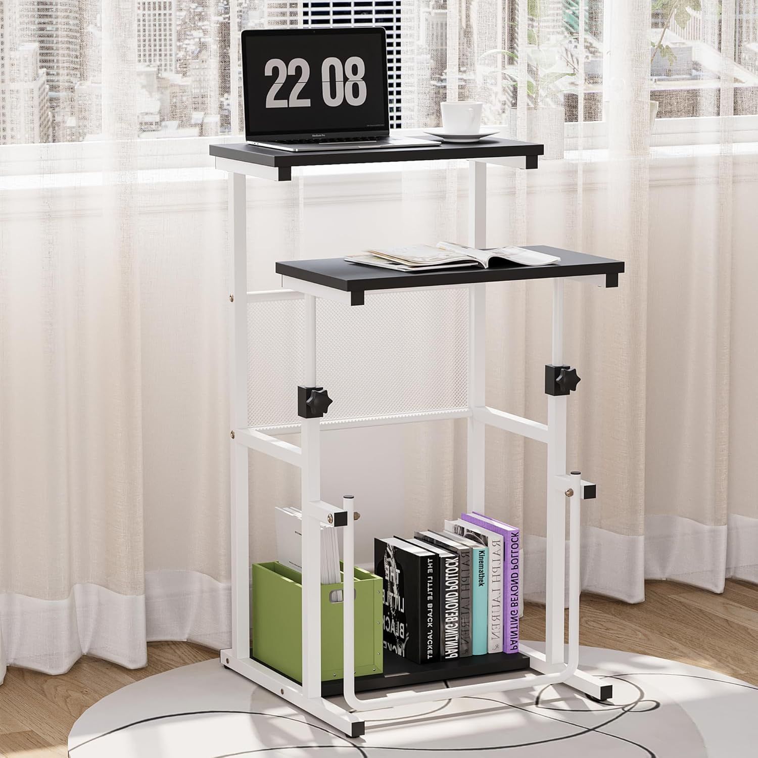 New Small Standing Mobile Desk with Storage, Height Adjustable Laptop Cart, Standing Desk for Home Office, Workstation with Footrest New in box SHX21