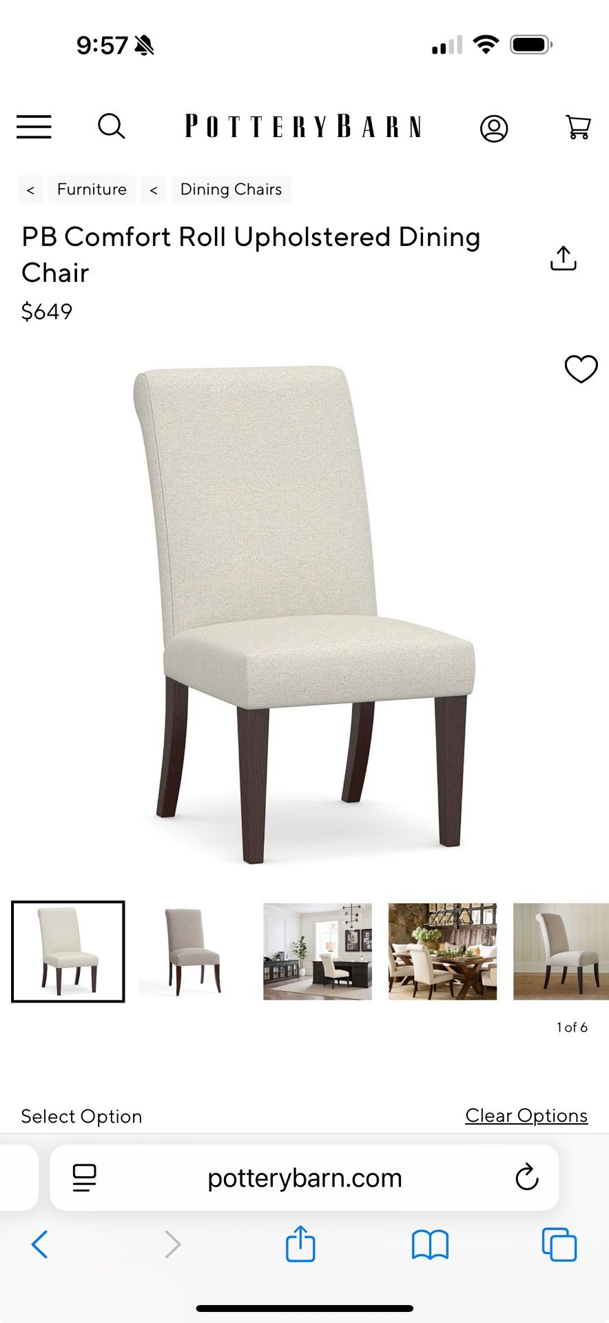 Pottery Barn Comfort Roll Upholstered Dining Chairs (6)