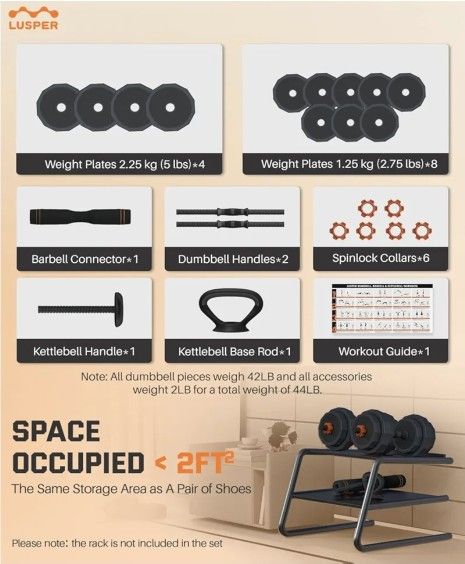 Lusper Adjustable Weights Dumbbells Set, 44LB/55LB/66LB Free Weights, 3 in 1 Mutiweight Dumbbell/Barbell/Kettlebell with Connector, Versatile Weight S