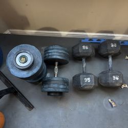 Pairs of 95,85 dumbbells weights 370lbs total prices are in description