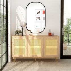 Homy Casa OPPELT Modern Oak Sideboard Cabinet with Rattan Style Doors and Beech Wood Legs, Open Box