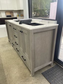 Bathroom vanity cabinet 60” solid mango Quartz top with sinks and backsplash