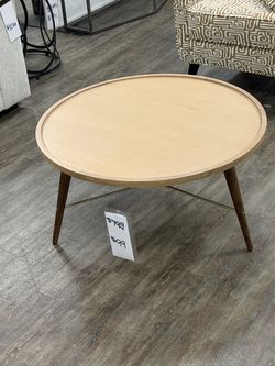 Round Oak Side Table - Natural Blond Oak With Walnut And Brass Legs