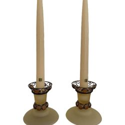 Retired PartyLite Paris Retro Amber Frosted Filigree Candlestick Pillar  Holders