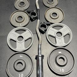 OLYMPIC CURL BAR AND WEIGHTS 