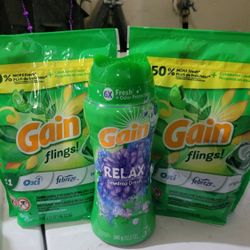 2 GAIN FLINGS ORIGINAL SCENT (31 COUNT BAGS) & GAIN RELAX DEWDROP DREAM SCENT BOOSTER 12.2OZ FOR $25/$25 POR LOS 3