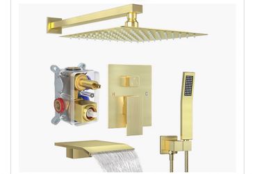 Brushed Gold Shower System with 12-Inch Rain Showerhead and Tub Spout cUPC-certified pressure balance brass valve to prevent scalding, CEC-certified a