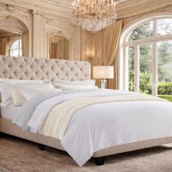 32” Roll Head QUEEN Bed Frame, Fabric Upholstered Chesterfield-Style ,Beige B-24