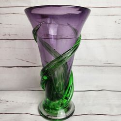 Hand blown amethyst and Emerald Green  art glass vase