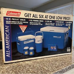 Vintage Rare 1992 Coleman Blue 6-Piece 48qt Cooler Bonus Pack 5247-739 Open Box
