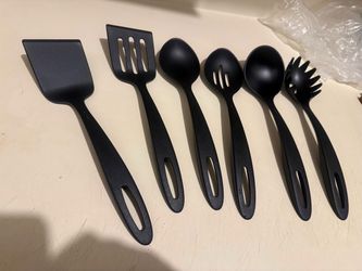 Silicone Cooking Utensils Set of 6, Kitchen Utensil Spatula - Black Heat Resistant Spatula Ladle Spoon Turner Pasta Server for Non-stick Cookware, Non