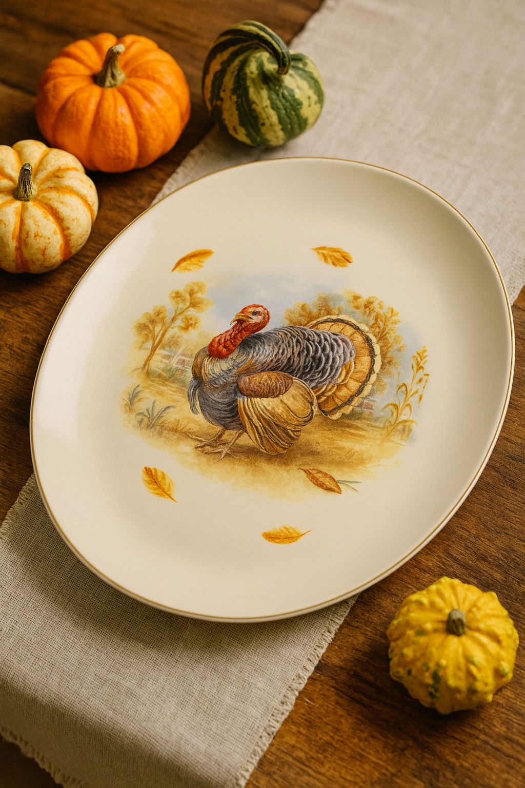 Homer Laughlin USA 1950s Rhythm Shape Turkey Platter 22K Gold Trim, 15x12”