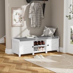 New Anmytek Rustic White Shoe Storage Bench with Cushion Seat, Wooden Storage Bench with Adjustable Shelves for Entryway, 2 Doors and 6 Storage, Entry