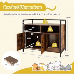 Litter Box Enclosure, Cat Litter Box Furniture Hidden w/Metal Frame, Scratching Board, Storage Compartment, Wooden Cat Washroom, Indoor Cat House Side