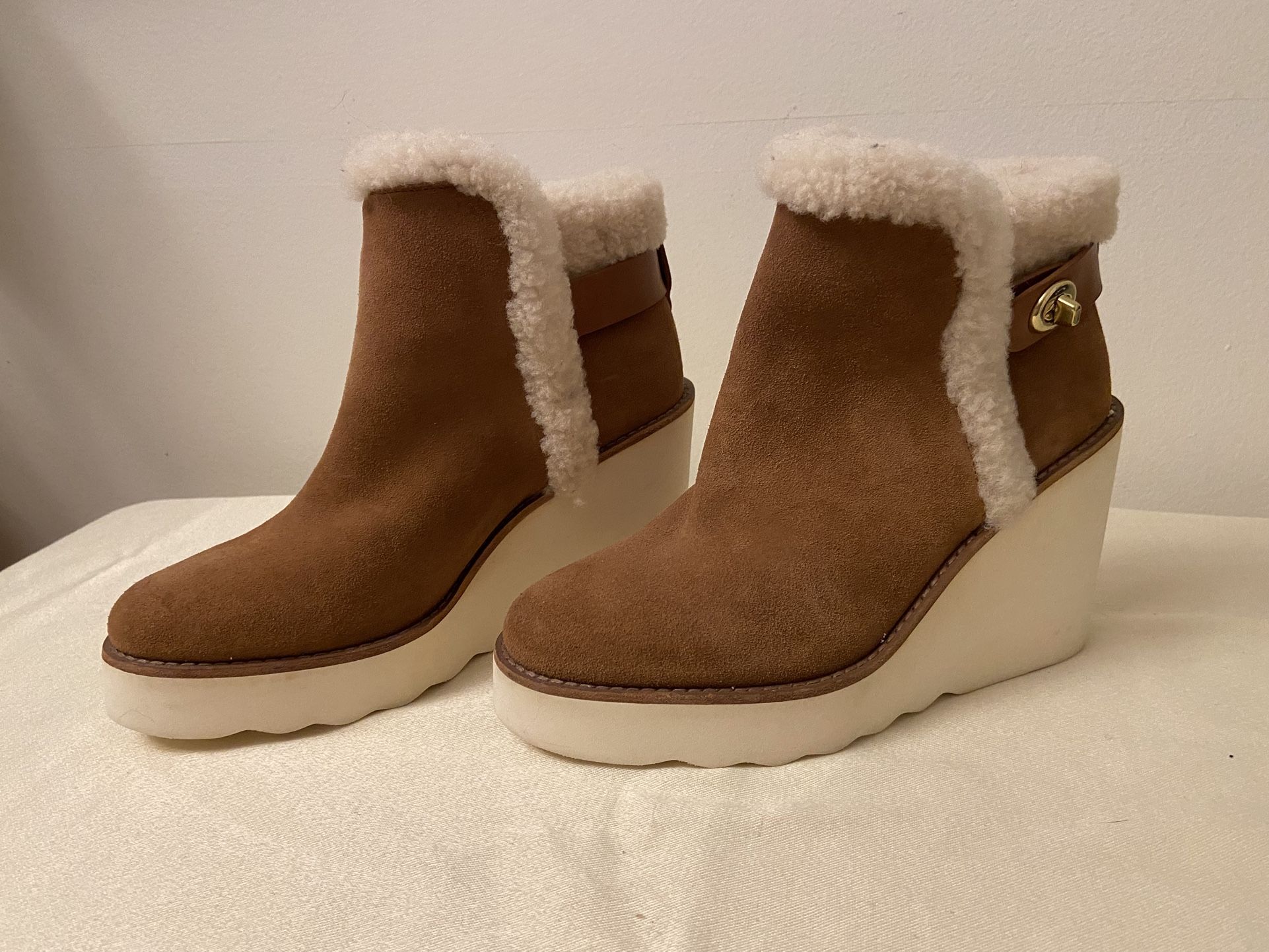 Coach Suede And Shearling Wedge Booties Size 6.5