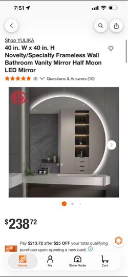 YULIKA 40x40 Half Moon Frameless LED Vanity Mirror