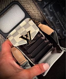 iPhone 17 Pro Max Grey & White Checkered, Gold, Crossbody/Neck Strap Wallet Phone Case - NEW!!